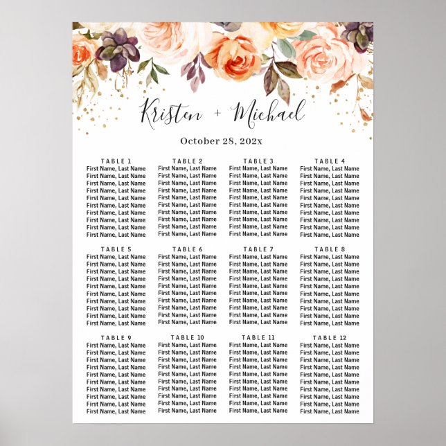 Autumn Floral Gold Glitters Wedding Seating Chart (Front)
