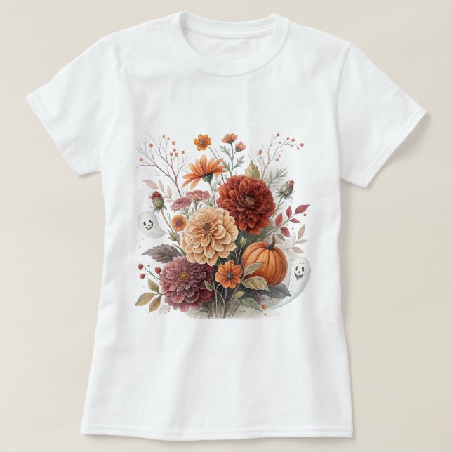 Autumn Floral & Halloween Watercolor Design  T-Shirt (Design Front)