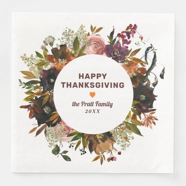 Autumn Floral Happy Thanksgiving Napkin (Front)