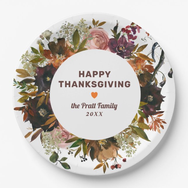 Autumn Floral Happy Thanksgiving Paper Plate (Front)