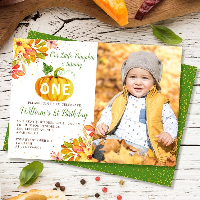 Autumn Floral Leaves Pumpkin 1st Birthday Photo Invitation (Creator Uploaded)