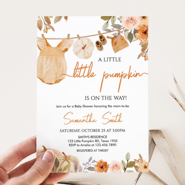 Autumn Floral Little Pumpkin Baby Shower Invitation (Autumn Floral Little Pumpkin Clothesline Baby Shower Invitation)