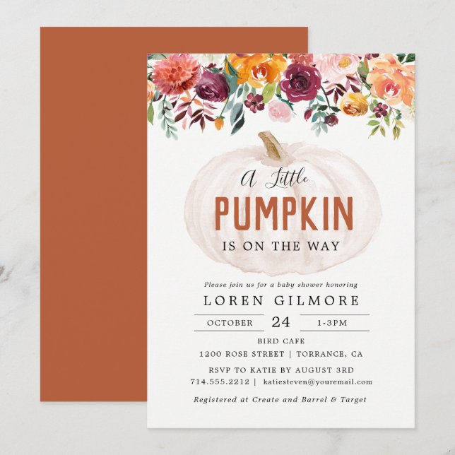 Autumn Floral Little Pumpkin Baby Shower Invitation (Front/Back)