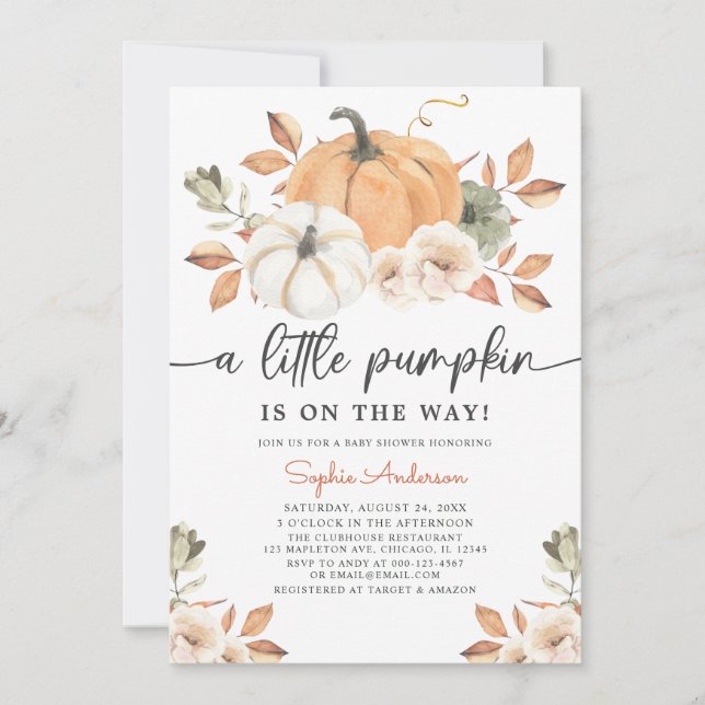 Autumn Floral Little Pumpkin Baby Shower Invitation (Front)