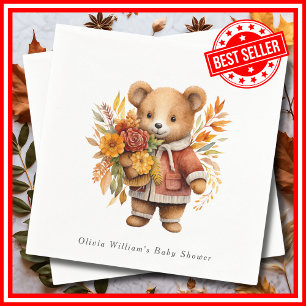 Autumn Floral Little Pumpkin Bear Baby Shower Napkin