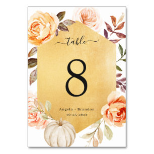 Autumn Floral Luxurious Gold Look Fall Wedding Table Number