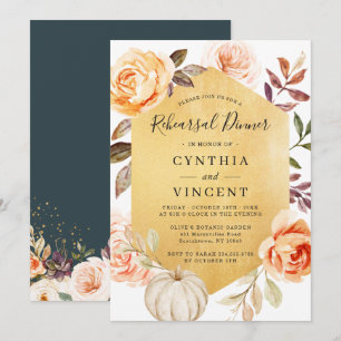 Autumn Floral Luxury Gold Wedding Rehearsal Dinner Invitation