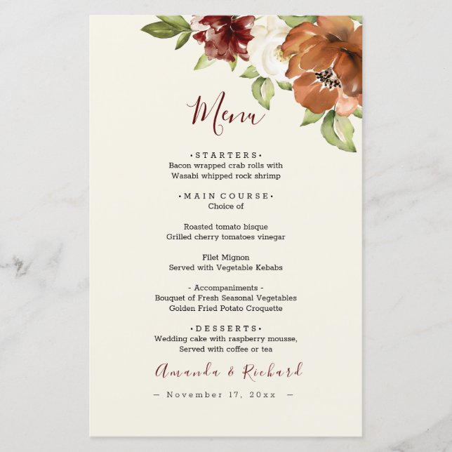 Autumn Floral Maroon Wedding Menu (Front)