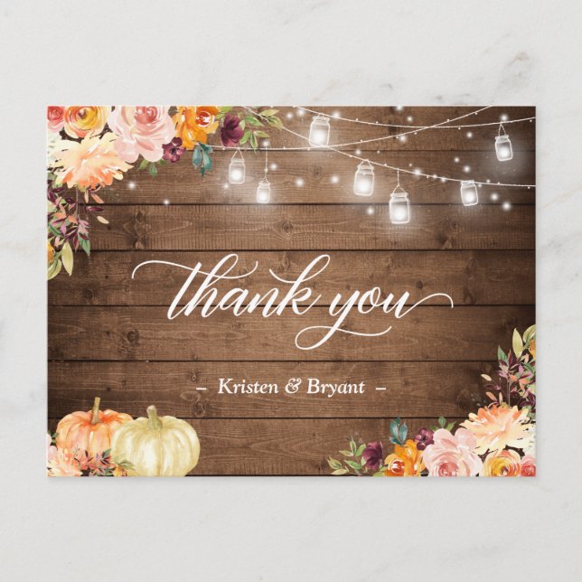 Autumn Floral Mason Jar Lights Wedding Thank You Postcard (Front)