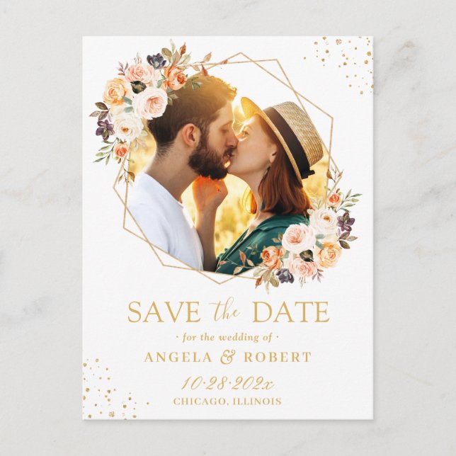 Autumn Floral Modern Gold Geometric Save the Date Postcard (Front)