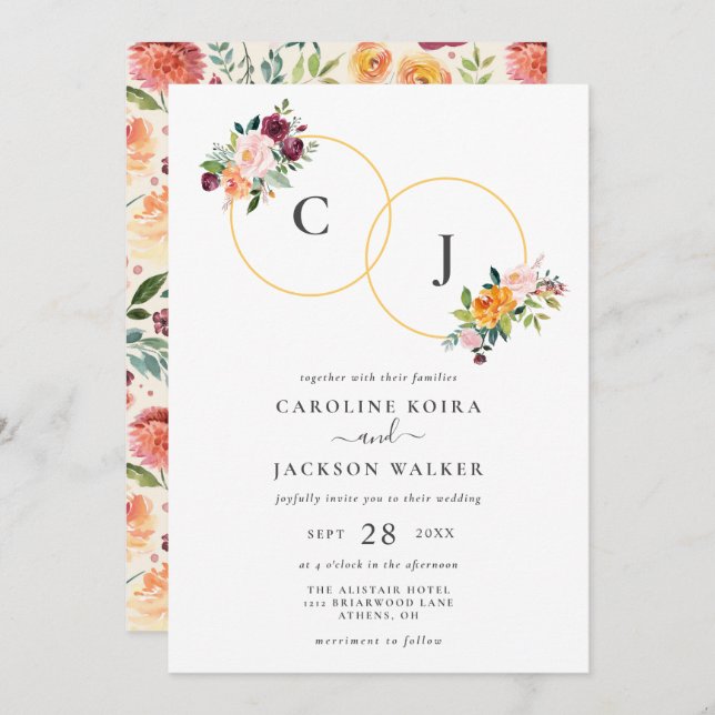 Autumn Floral Monogram Wedding Invitation (Front/Back)