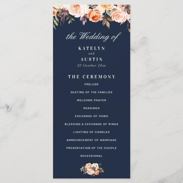 autumn floral navy blue wedding program programme (Front)