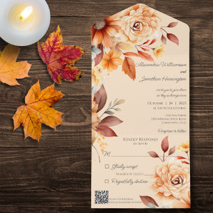 Autumn Floral on Tan with QR Code  All In One Invitation
