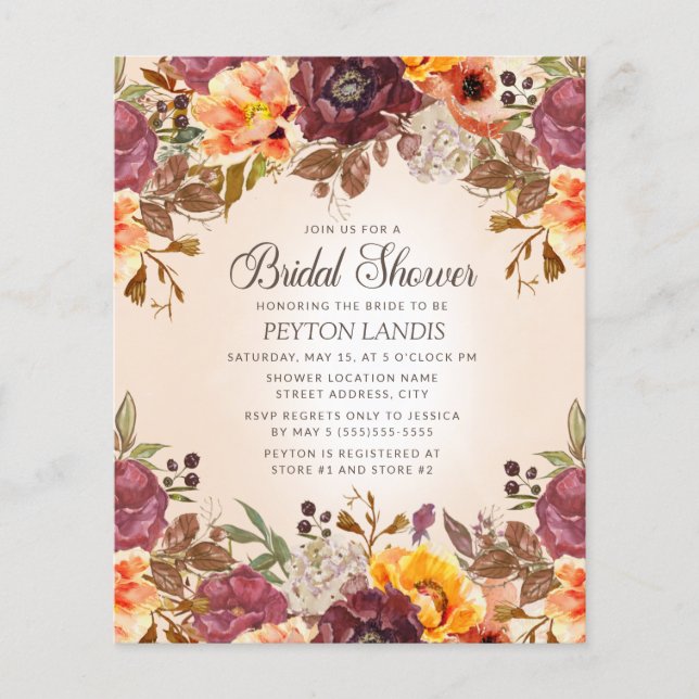 Autumn Floral Orange Rust Bridal Shower Budget (Front)