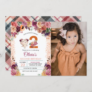 Autumn Floral Owl Photo Birthday Invitation
