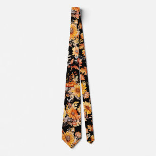 Autumn Floral Pattern B01 Black BG Tie
