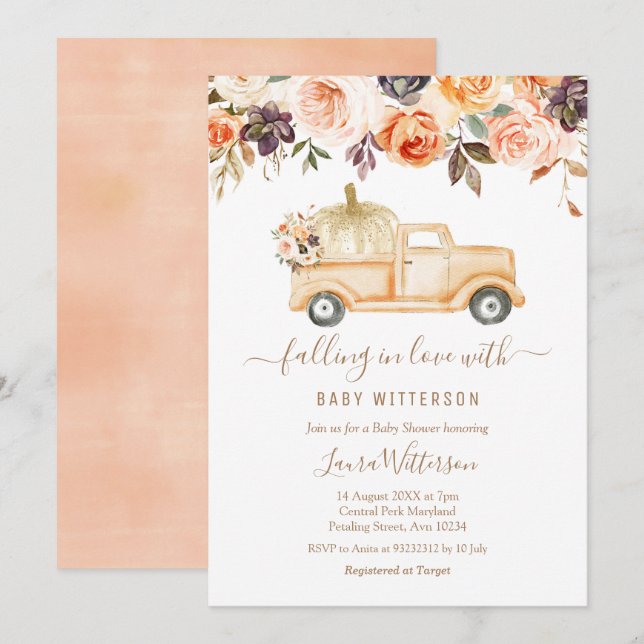  Autumn Floral Peach Truck Pumpkin Baby Shower Invitation (Front/Back)