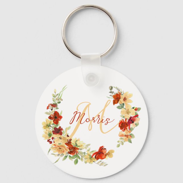 Autumn floral personalised  key ring (Front)