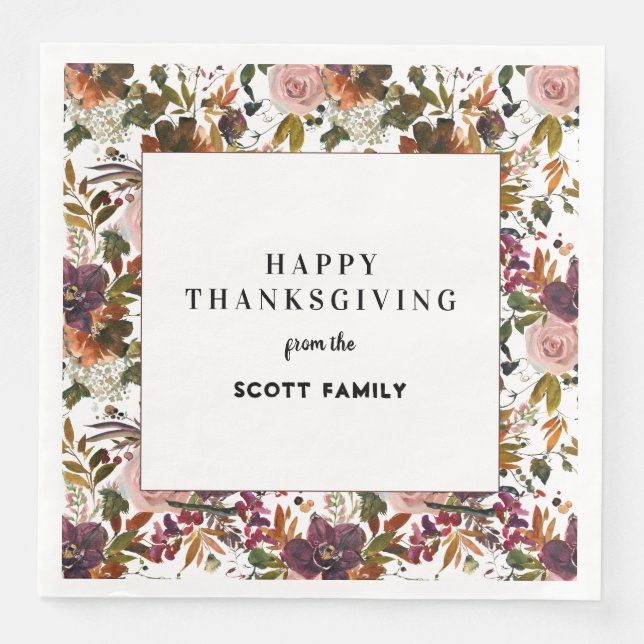 Autumn Floral Personalised Thanksgiving Dinner Napkin (Front)