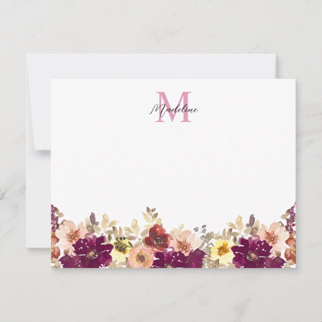 Autumn Floral Plum Floral Watercolor Monogram Card (Front)