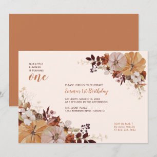 Autumn Floral & Pumpkin 1st Birthday Party Invitation