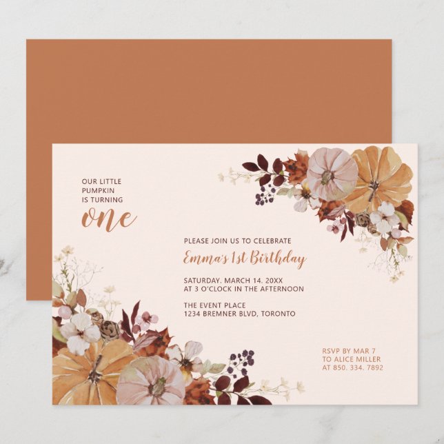 Autumn Floral & Pumpkin 1st Birthday Party Invitation (Front/Back)