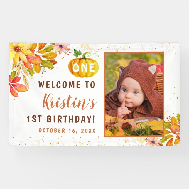 Autumn Floral Pumpkin 1st Birthday Welcome Photo Banner (Horizontal)