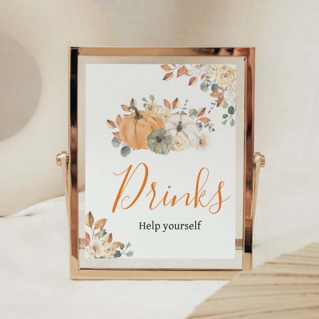 Autumn Floral Pumpkin Baby Shower Drinks Poster (Autumn Pumpkin Baby Shower Drinks Sign)