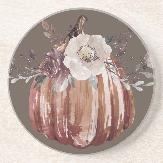 Autumn floral pumpkin brown, terracotta, plumb  coaster (Front)