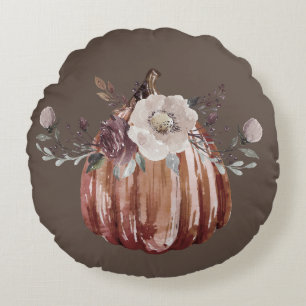 Autumn floral pumpkin brown, terracotta, plumb  round cushion