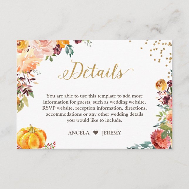 Autumn Floral Pumpkin Gold Wedding Details Enclosure Card (Front)