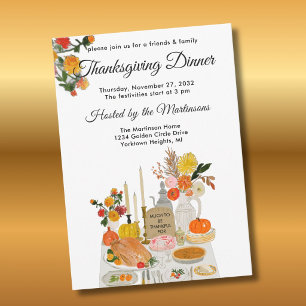 Autumn Floral Pumpkin Thanksgiving Dinner Invitation