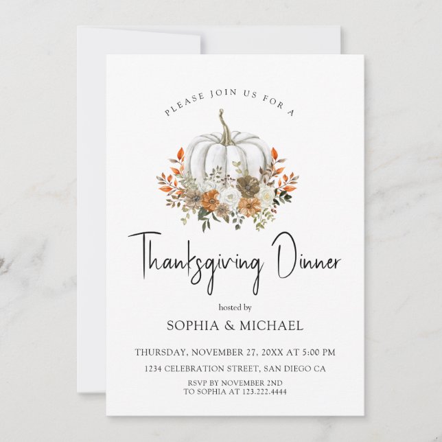 Autumn Floral Pumpkin Thanksgiving Dinner Invitation (Front)
