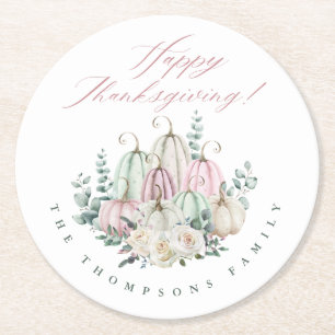 Autumn Floral Pumpkin Thanksgiving Round Paper Coaster