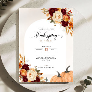 Autumn Floral Pumpkins Thanksgiving Dinner  Invitation