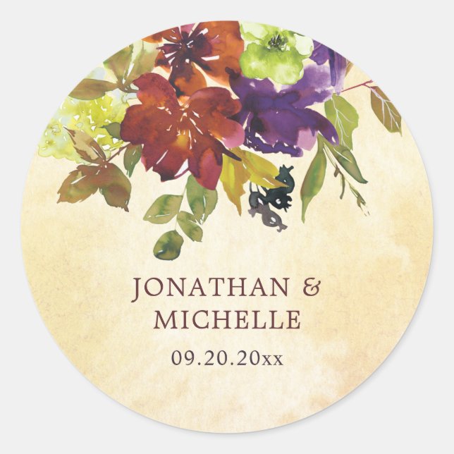 Autumn Floral Purple Burnt Orange Greenery Wedding Classic Round Sticker (Front)