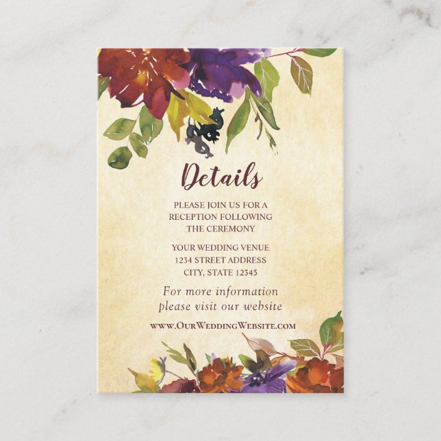 Autumn Floral Purple Burnt Orange Yellow Wedding Enclosure Card (Front)
