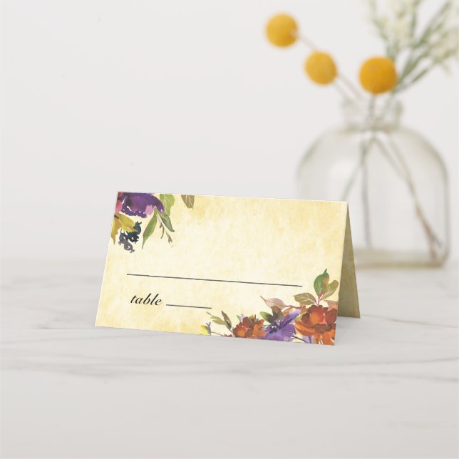 Autumn Floral Purple Burnt Orange Yellow Wedding Place Card (Front)