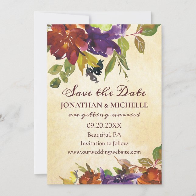 Autumn Floral Purple Orange Inspirational Wedding Save The Date (Front)