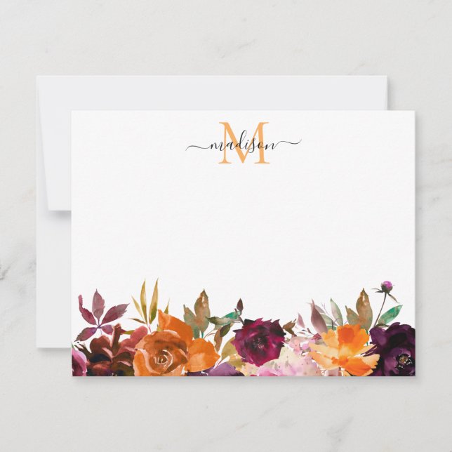 Autumn Floral Rose Burgundy Purple Gold Monogram Card (Front)