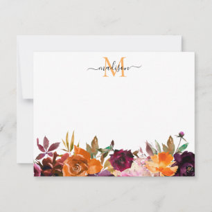 Autumn Floral Rose Burgundy Purple Gold Monogram Card