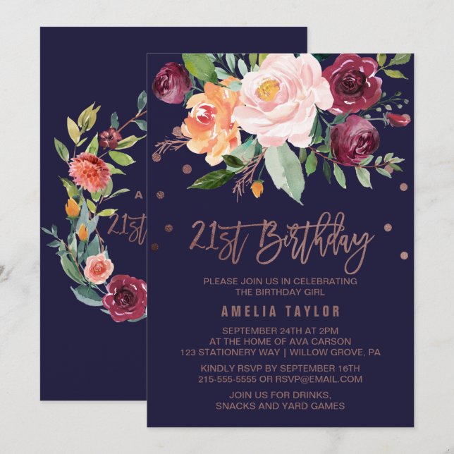 Autumn Floral Rose Gold 21st Birthday Party Invitation (Front/Back)