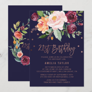 Autumn Floral Rose Gold 21st Birthday Party Invitation