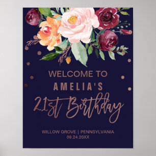 Autumn Floral Rose Gold 21st Birthday Welcome Poster