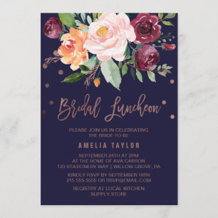Autumn Floral Rose Gold Bridal Luncheon Invitation