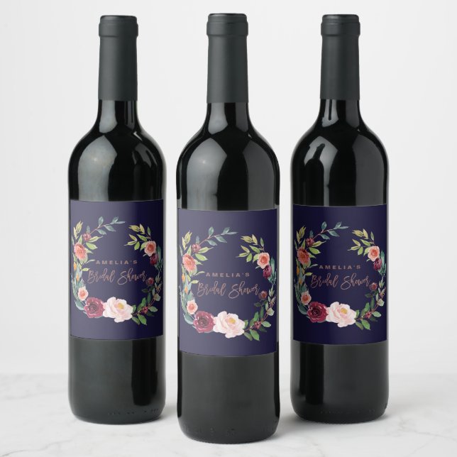 Autumn Floral Rose Gold Bridal Shower Wine Label (Bottles)