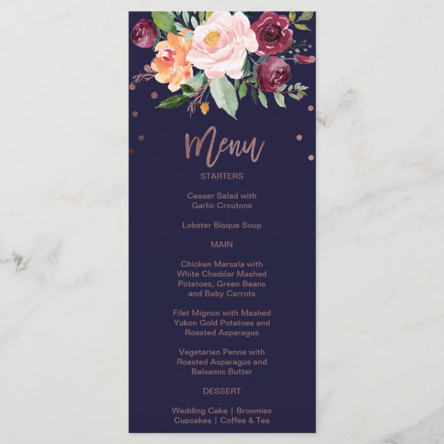 Autumn Floral Rose Gold Dinner Menu Card (Front)