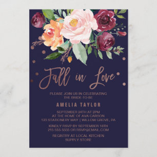 Autumn Floral Rose Gold Fall in Love Bridal Shower Invitation