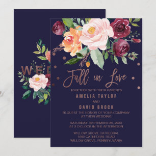 Autumn Floral Rose Gold Fall In Love Wedding Invitation
