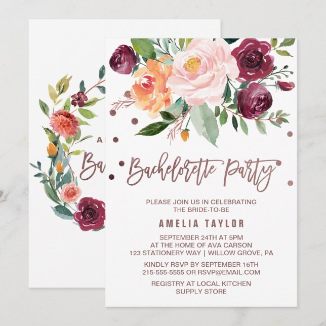 Autumn Floral Rose Gold Light Bachelorette Party Invitation (Front/Back)